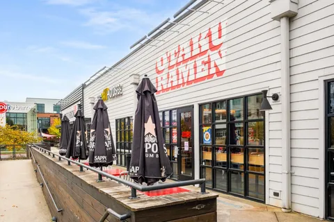 a view of water fountain in front of building