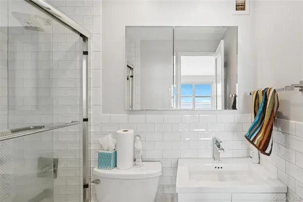 a bathroom with a shower and a toilet