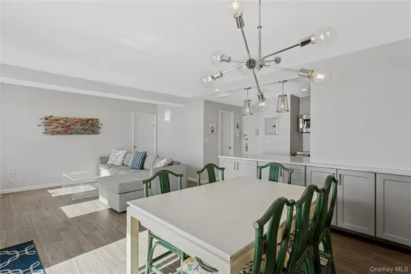 a view of a dining room with furniture