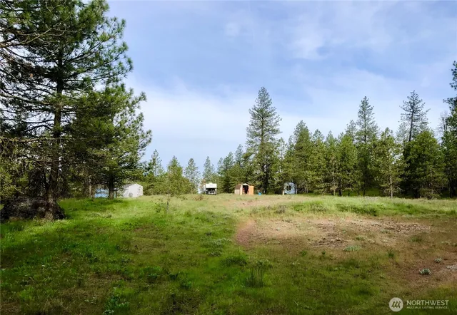 a view of a garden with a building in the background