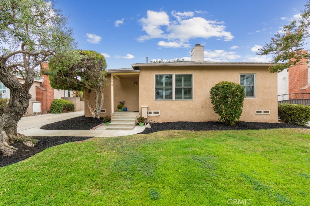 a view of a house with backyard and a tree