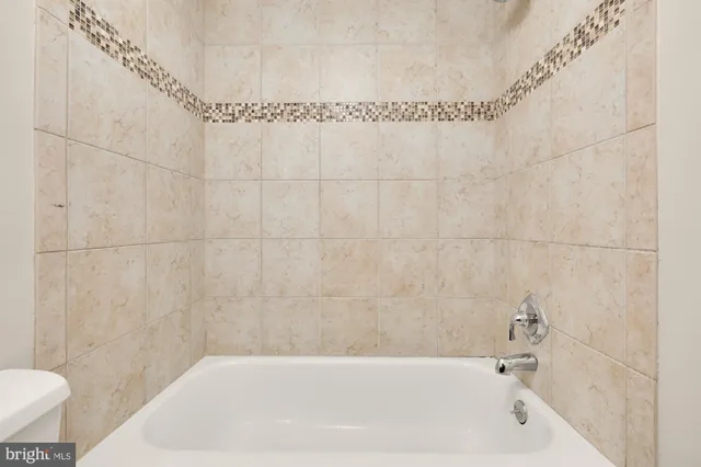 a bathroom with a bathtub and a toilet