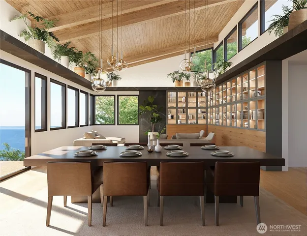 a view of a dining room with furniture window and outside view