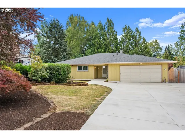 a view of a house with backyard and trees