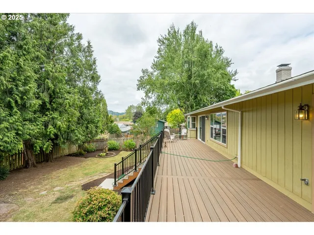 a backyard of a house with a fountain
