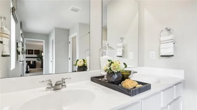 a bathroom with a sink and a mirror