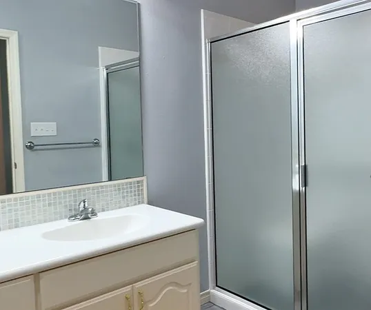 a bathroom with a sink and a mirror