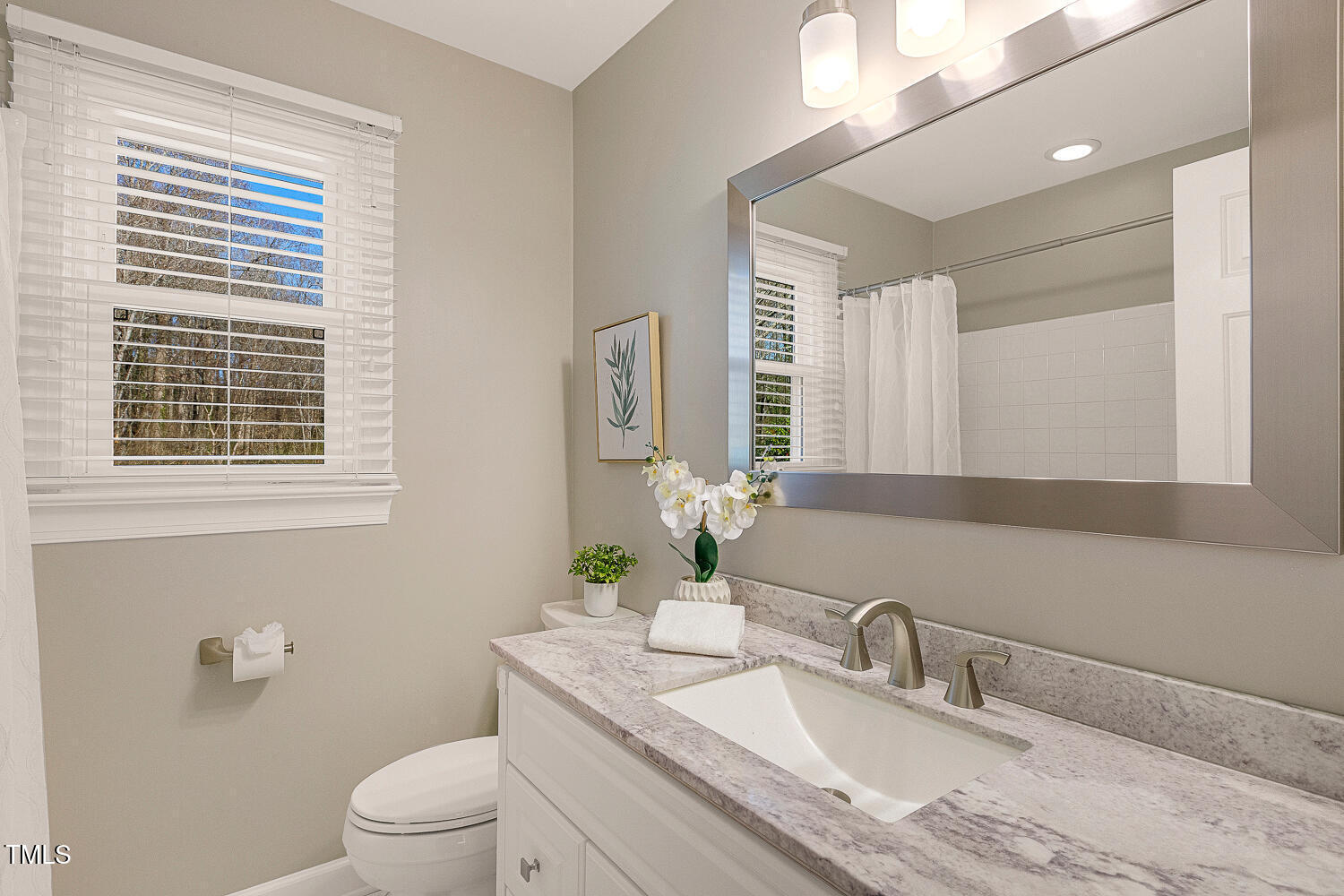 6320 Bayswater Trail Raleigh, NC 27612 - Photo 42 of 62 a bathroom with a granite countertop toilet a sink a mirror and a window