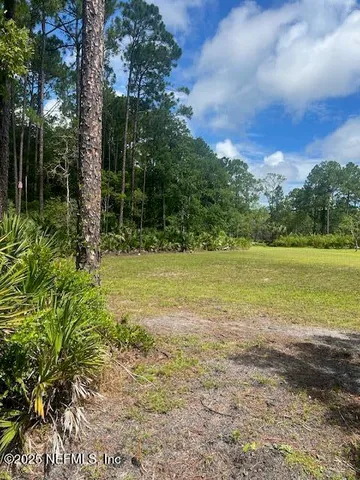 a view of a yard with a house in the background