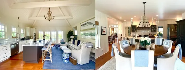 a view of a dining room and livingroom with furniture wooden floor a chandelier