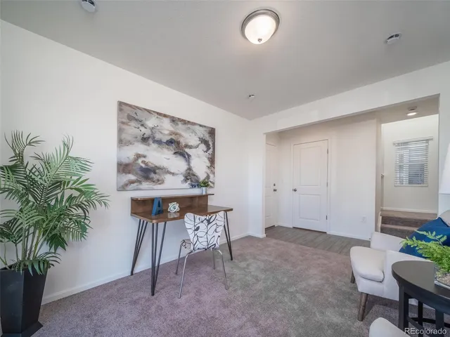 a view of a livingroom with furniture and a potted plant