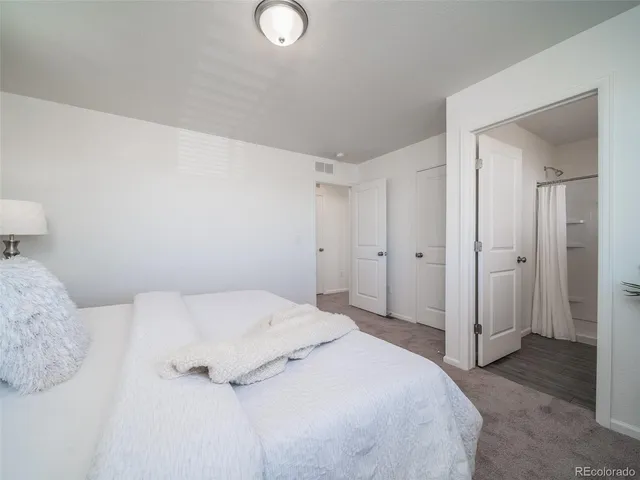 a bedroom with a bed and a bathroom