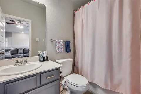 a bathroom with a sink a toilet a mirror and shower curtain