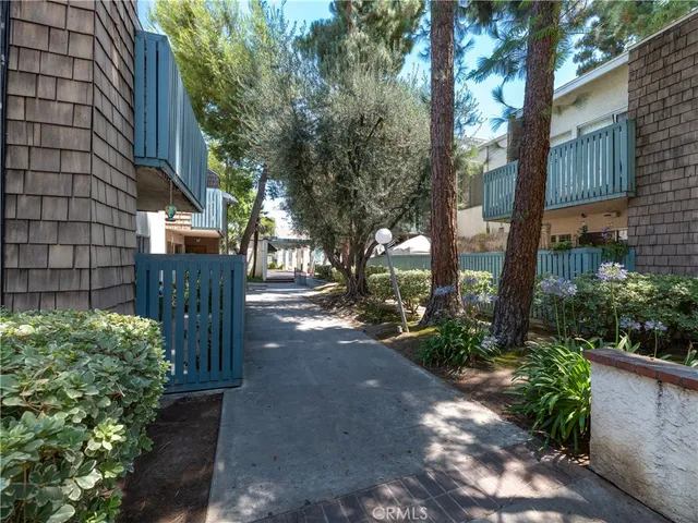a view of a street with plants and trees