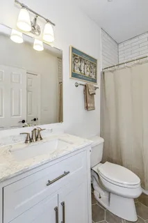 a bathroom with a sink a toilet a mirror and shower curtain