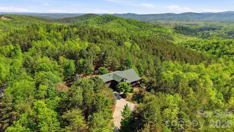a view of a lush green forest with a house