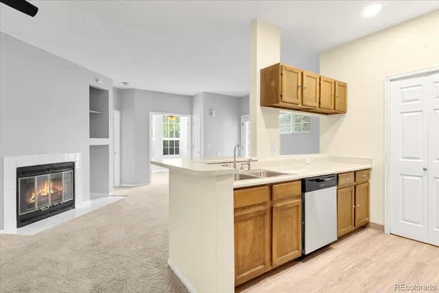 a kitchen with a sink and a fireplace