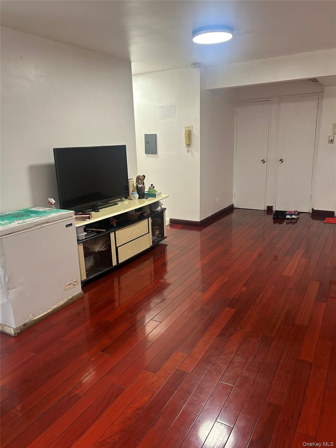 137-05 Franklin Avenue, Unit 3A Queens, NY 11355 - Photo 2 of 6 a view of a livingroom with a flat screen tv wooden floor and a window