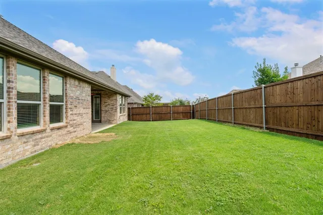 a view of a backyard with plants and large trees