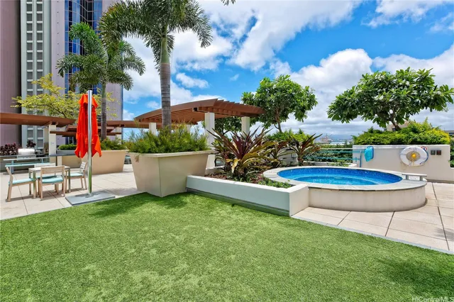a view of a backyard with plants and palm tree