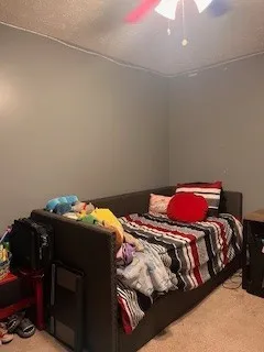 a bedroom with a bed and a closet