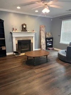 a living room with furniture and a fireplace