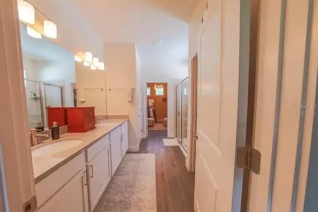 a bathroom with sink a mirror a shower and vanity