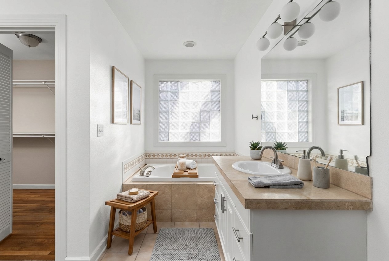 4517 Bull Creek Road Austin, TX 78731 - Photo 18 of 35 a spacious bathroom with sinks mirror and a bathtub
