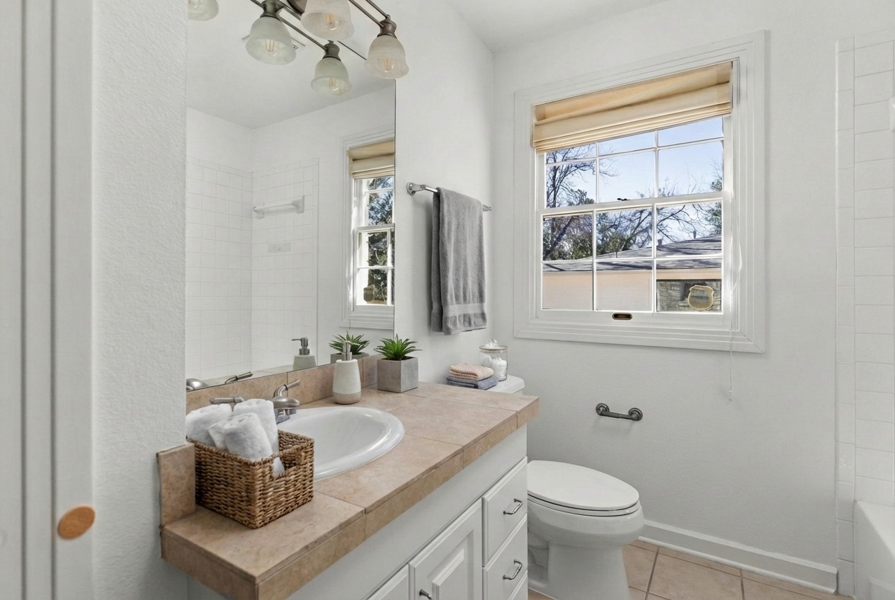 4517 Bull Creek Road Austin, TX 78731 - Photo 24 of 35 a bathroom with a granite countertop sink toilet and mirror