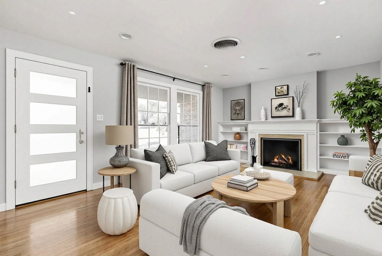 4517 Bull Creek Road Austin, TX 78731 - Photo 4 of 35 a living room with furniture a fireplace and a large window