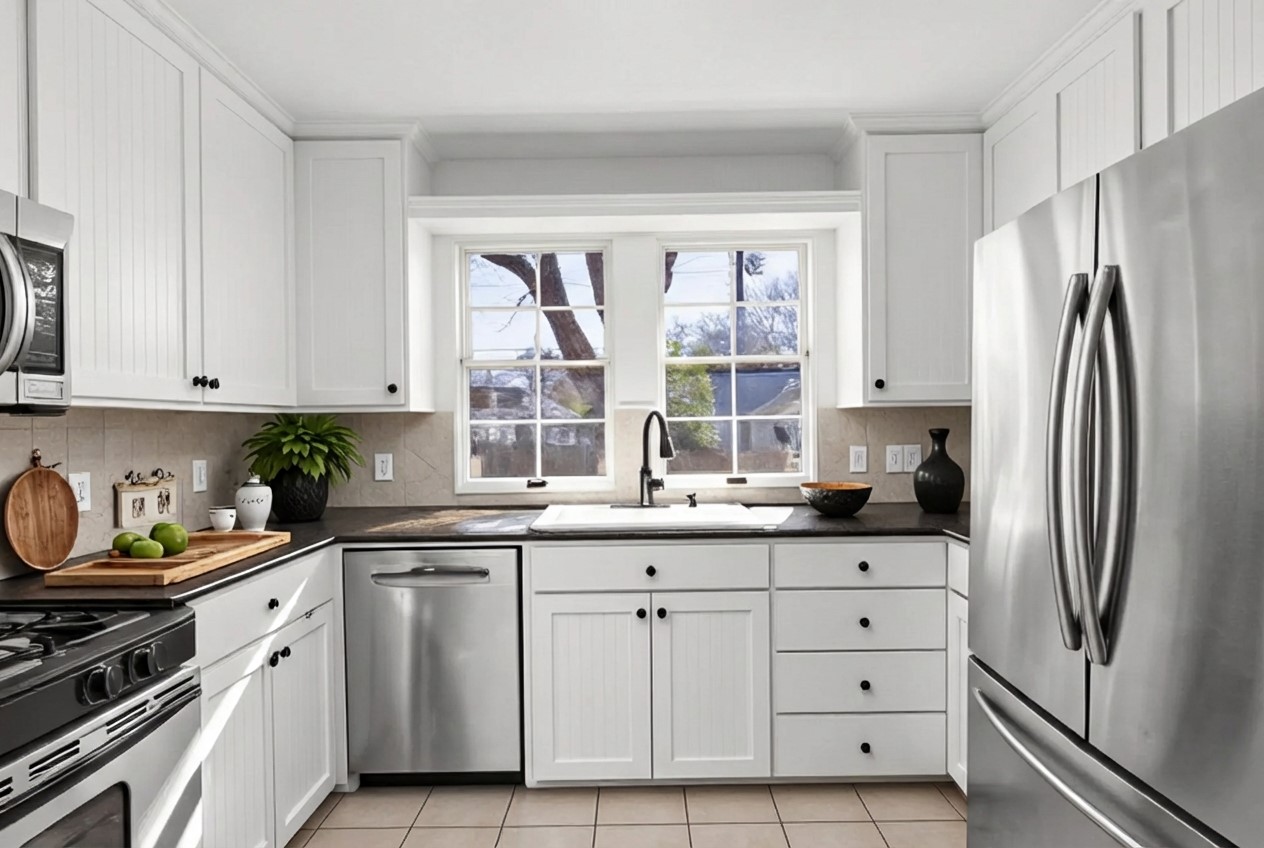 4517 Bull Creek Road Austin, TX 78731 - Photo 10 of 35 a kitchen with granite countertop white cabinets and stainless steel appliances