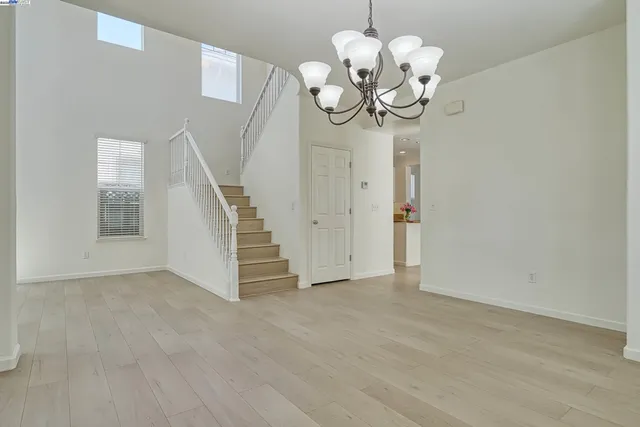 a view of a chandelier in a room