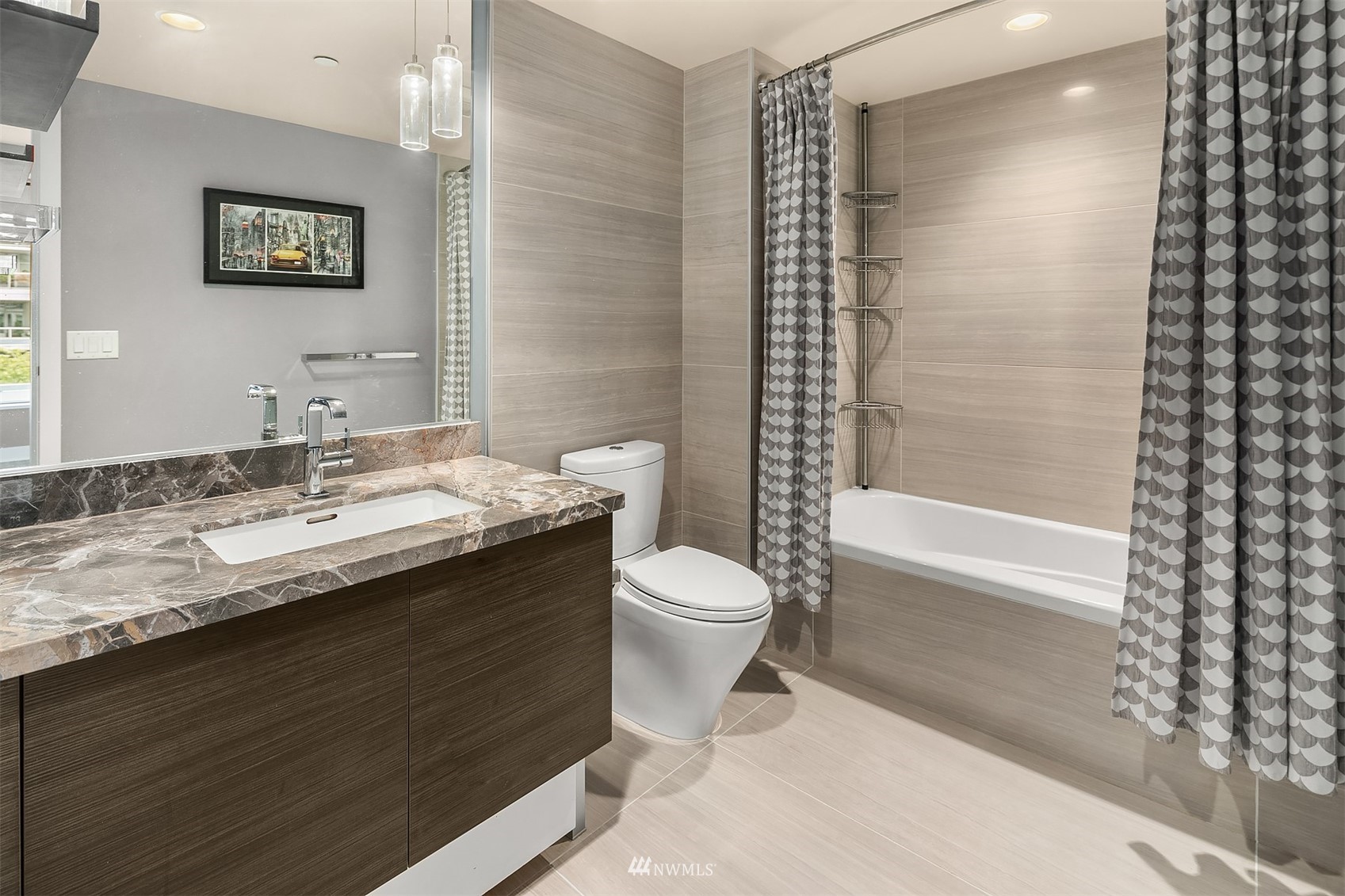 588 Bell Street, Unit 814S Seattle, WA 98121 - Photo 9 of 37 a bathroom with a granite countertop sink toilet and shower