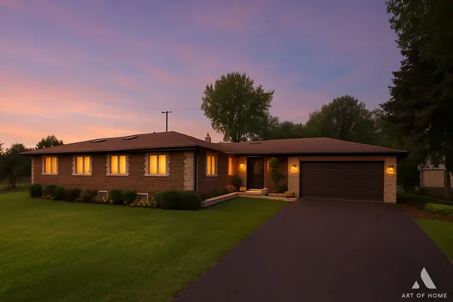 a front view of a house with a yard and trees