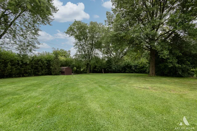 a view of a field of grass and trees