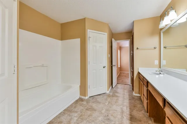 a bathroom with a tub sink and mirror