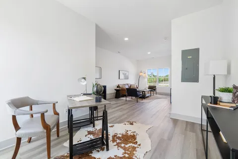 a living room with furniture a wooden floor and next to a window