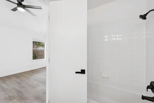 a bathroom with a bathtub