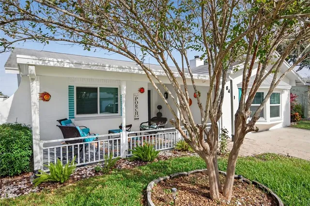 a view of a house with large windows and a large tree