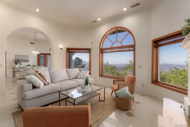 a living room with furniture a fireplace and a large window