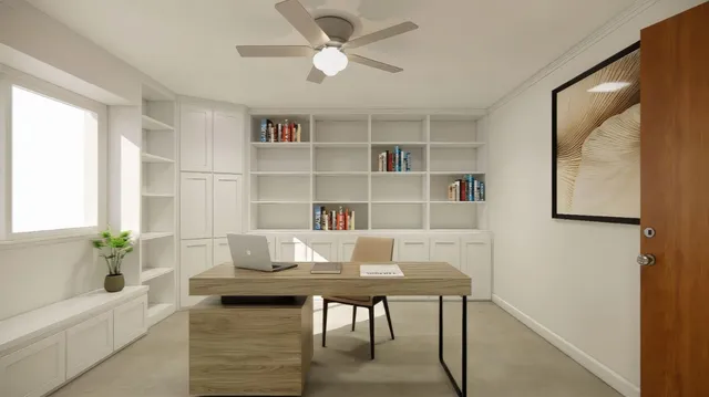 a workspace with furniture and a potted plant