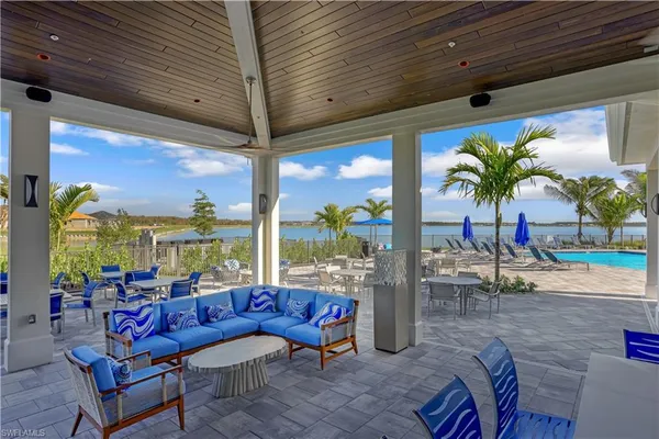 a building outdoor space with patio furniture