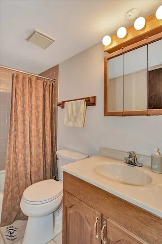 a bathroom with a sink a toilet and shower curtain
