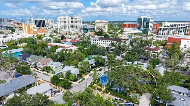 a view of a city with tall buildings