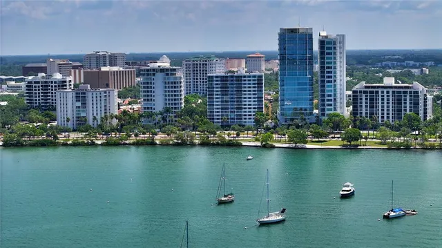 a view of a city with tall buildings