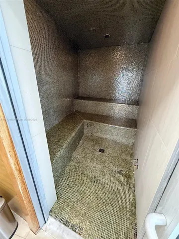 an aerial view of a swimming pool