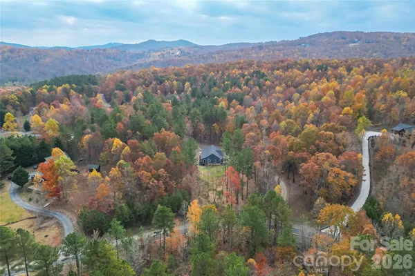 an aerial view of houses with a lush green hillside