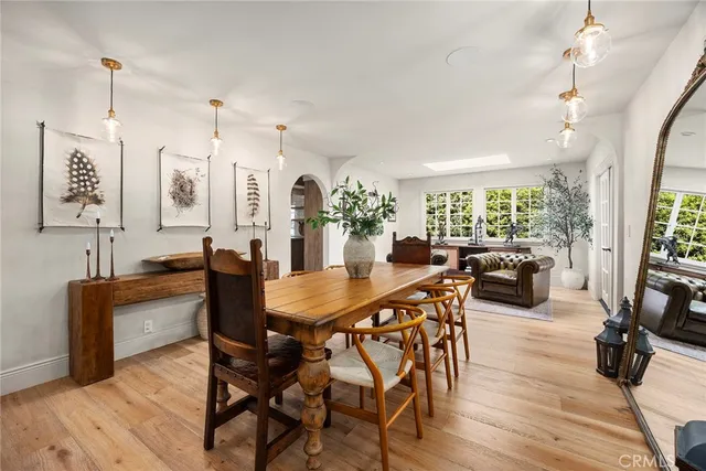 a dining room with furniture and wooden floor