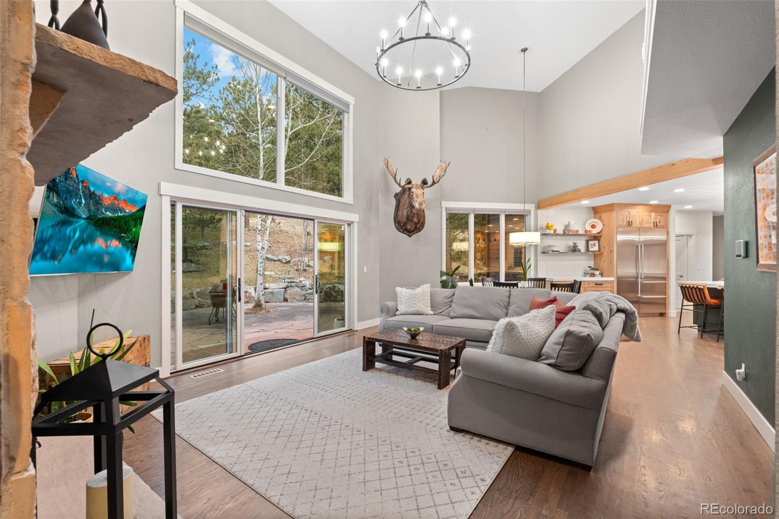 1735 Prima Lane Evergreen, CO 80439 - Photo 20 of 50 a living room with furniture a flat screen tv and a large window