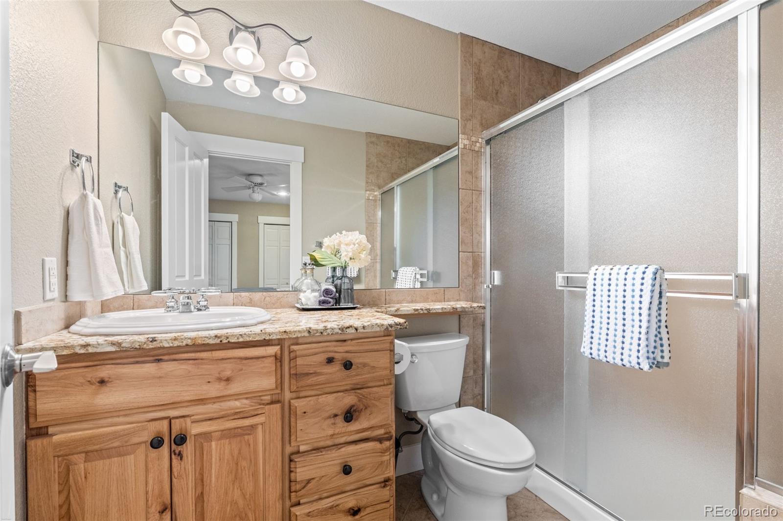 1735 Prima Lane Evergreen, CO 80439 - Photo 39 of 50 a bathroom with a granite countertop sink a toilet and a mirror